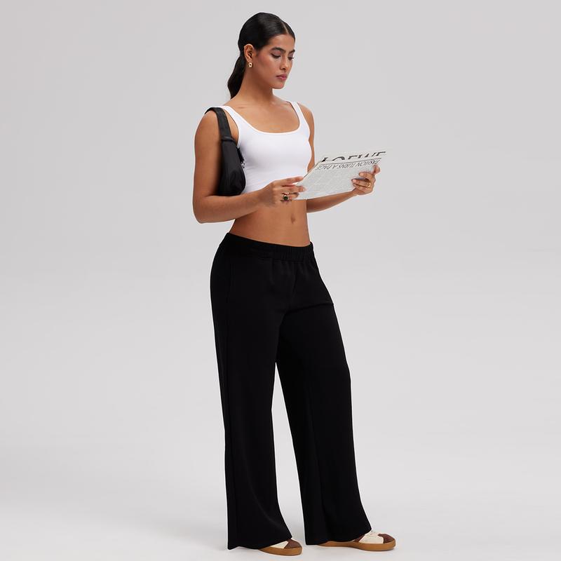 OQQ Women's Low Waist Wide Leg Lounge Pants With Pockets Soft Stretchy Casual Sweatpants Basic Comfort Straight Pants Everyday Bottom Minimalist Trouser