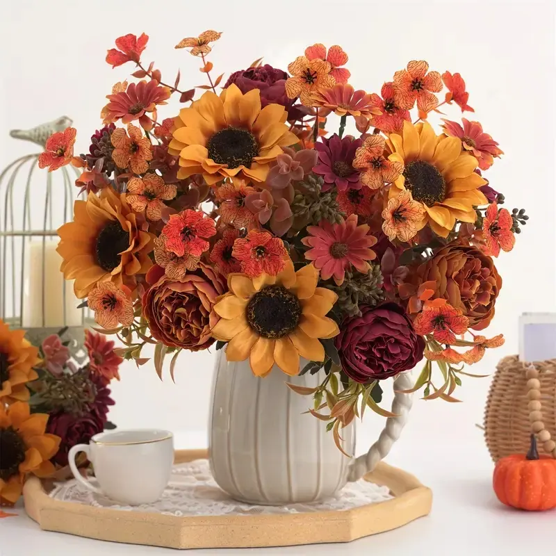 6 Piece Fall Artificial Flower Arrangement, Sunflower, Peony and Daisy for Vintage Vase, Home Decorative Centerpiece for Wedding, Thanksgiving and Halloween