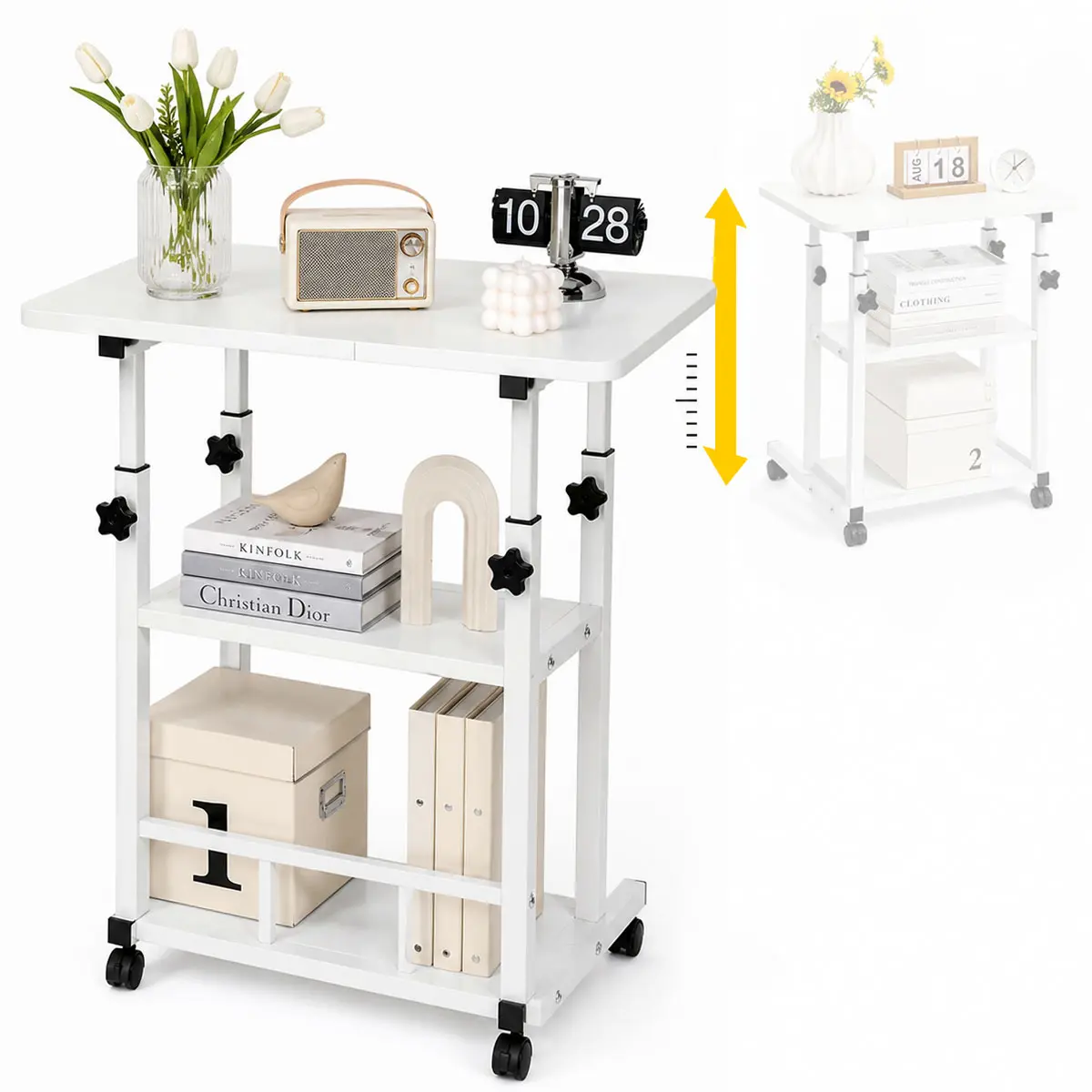 3-Tier Adjustable Height Rolling Cart with Lockable Wheels, Heavy Duty Metal Frame Bedside Table, Multi-Purpose Bedroom Desk & Mobile Storage Organizer for Home Office