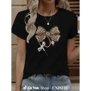 Cotton Nurse Tee Featuring Leopard Print Bow for Phlebotomy Professionals