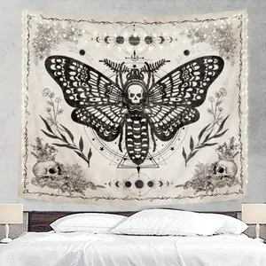 One skeleton moth decorative tapestry, a vintage butterfly skeleton flower moon phase witchcraft new moon astrology mysterious black and beige wall hanging, suitable for bedroom, living room, dormitory decoration.