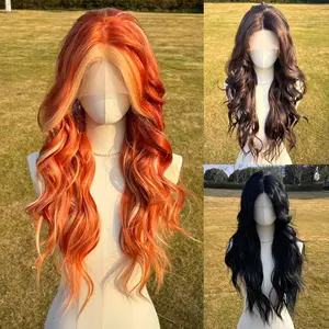 SMILCO 24" Pre Cut 13x3 Deep Brown Free Part Long Curly Layer Cutted Glueless Natural Hairline 100% Futura Fiber Synthetic Lace Front Wig SM9688M