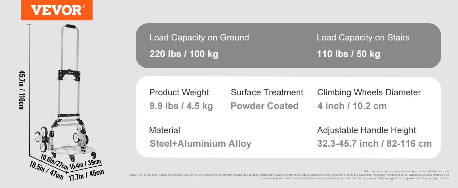 VEVOR Stair Climbing Cart,  Max. 550 lbs Load Capacity, Foldable Hand Truck with 32.3-45.7 inch Adjustable Handle Height, 4 Universal Wheels & 2 Elastic Ropes, Multipurpose Dolly for Warehouse Shopping