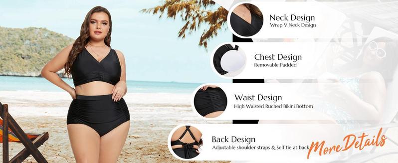 Hanna Nikole Women's Plus Size Halter V Neck Bikini Swimsuits High Waisted Ruched Tummy Control Swimwear #TikTokShopBlackFriday