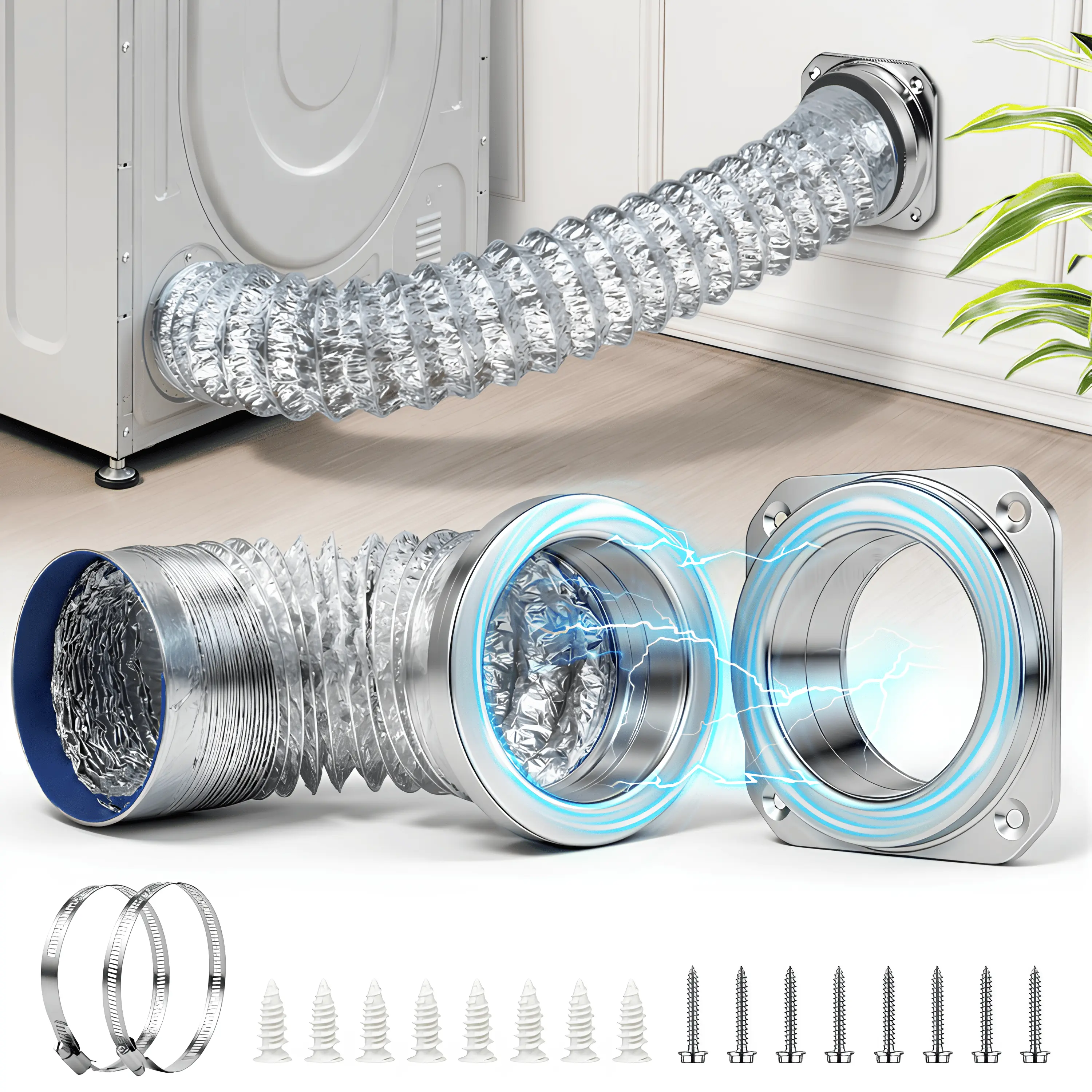 Summerwin Magnetic Dryer Vent Connector Kit DV180, Airtight Seal Magnetic Dryer Vent Coupler with 2.6 ft 4" Duct, 2 Clamps, Quick Connect Exhaust Hose Coupling for Dryer Ventilation, Energy Saving
