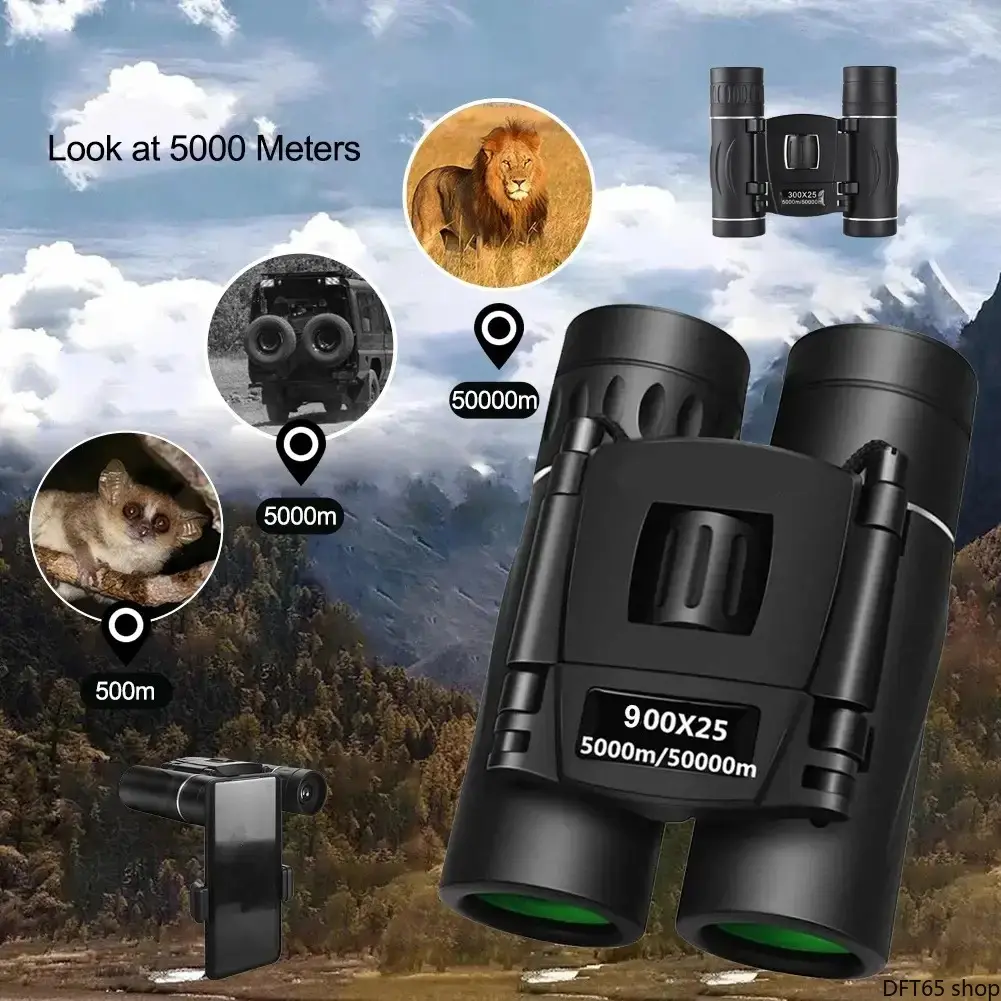 HD Folding Travel Binoculars with BAK4 Prisms, Metal Frame, Long-Range View, Lightweight Camping Equipment for Hiking, Birdwatching, Outdoor