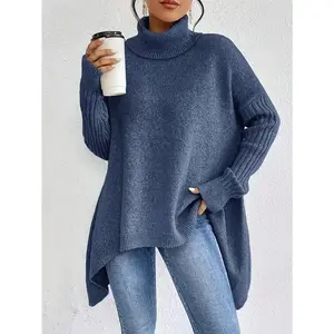 Women's Stylish Gray Turtleneck Sweater - Soft Ribbed Long Sleeve Pullover, Casual Loose Fit Knit Top for Everyday Comfort