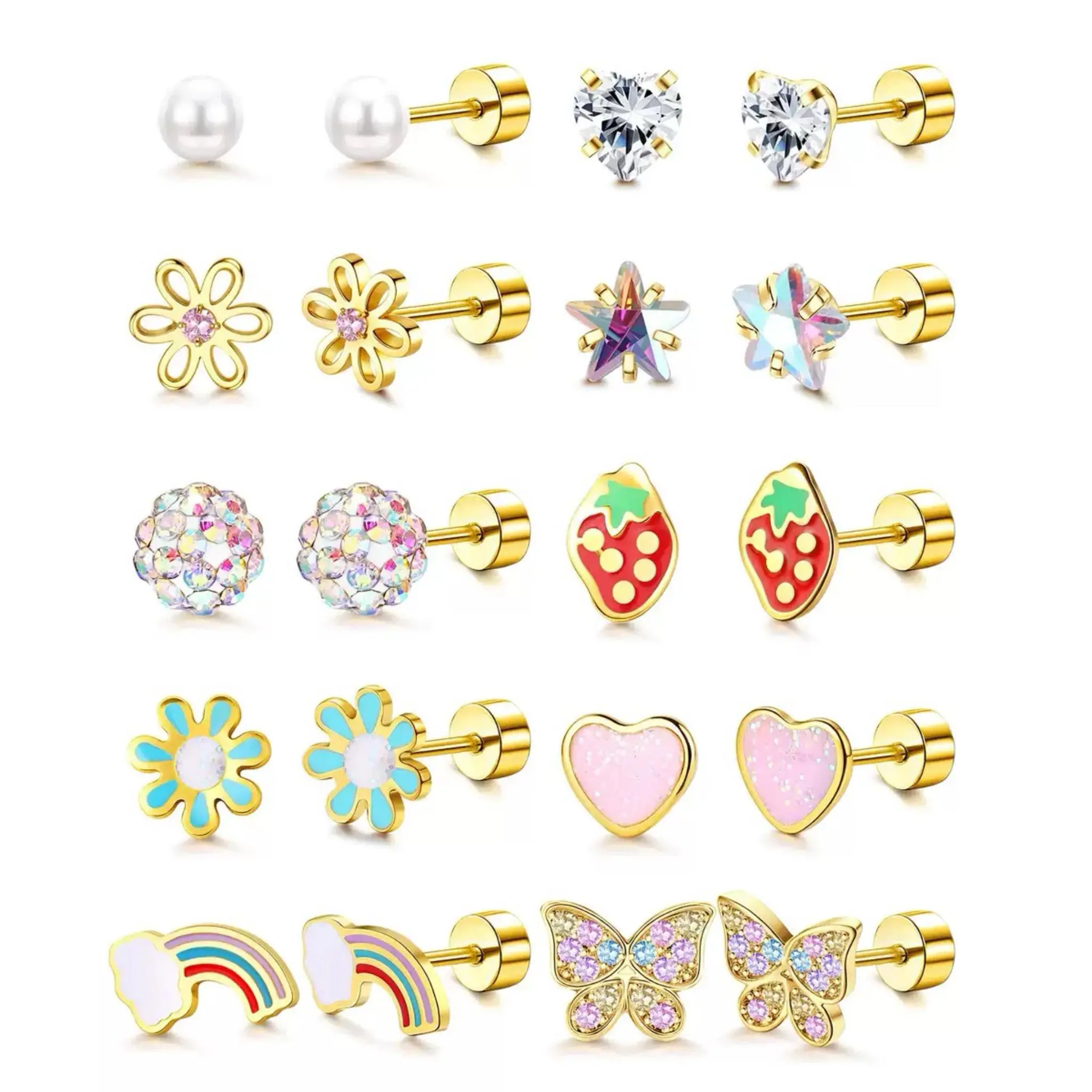 Hypoallergenic Flat Back Earrings for Girls Kids Toddler Women 10 Pair Surgical Stainless Steel Screw Back Stud Earrings for Sensitive Ears Cute Flower Butterfly Stud Earring Screwback Girl Earrings Toddler Jewelry age：over 4 years old