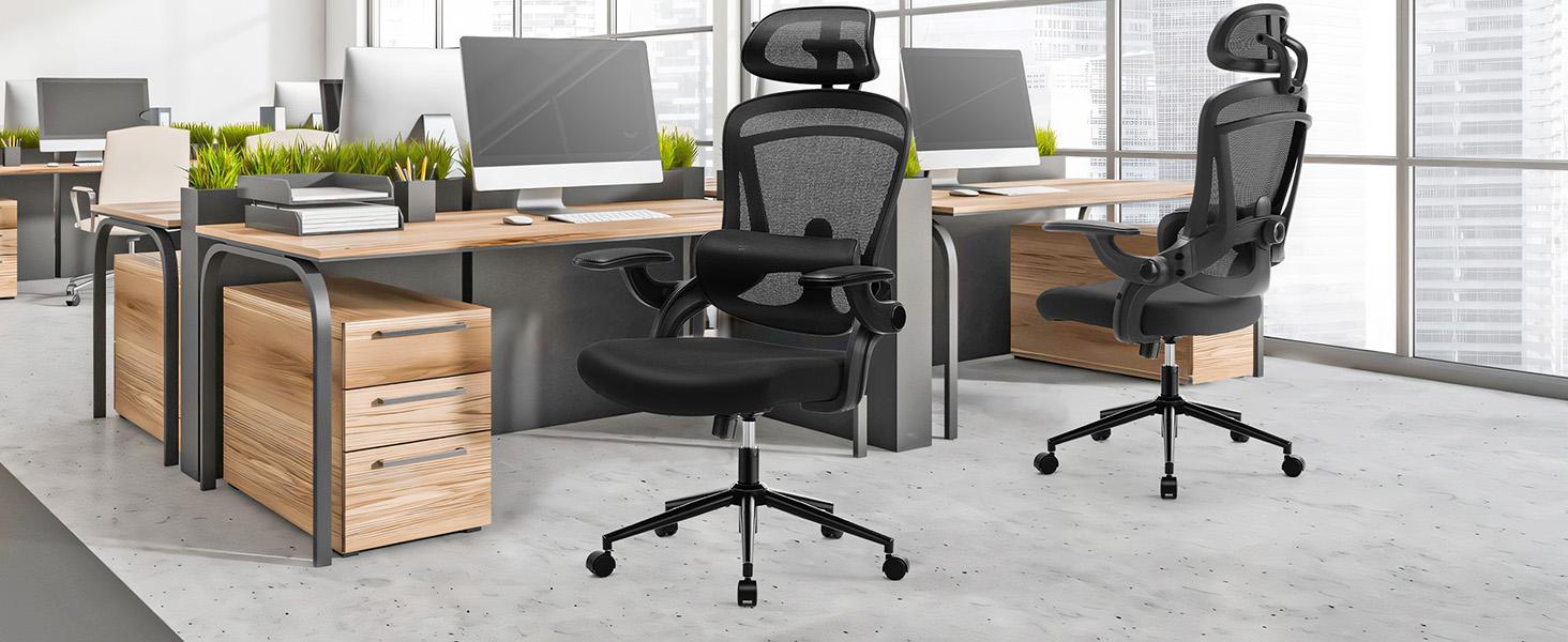 Sweet Furniture High Back Office Desk Headrest, Mesh Computer Chair with Soft Flip Up Arms, Adjustable Height and 120°Tilt