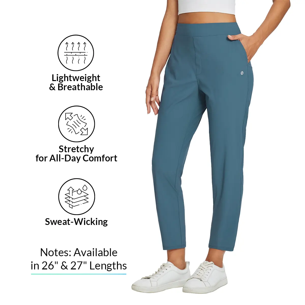[Summer Must Have] baleaf Lady's Fitted Spandex Trouser Women's Cooling Lightweight, Breathable, Soft 26"/27" Ankle Pants with Zipper Pockets, UPF50, Stretch, Silky Basic Bottoms for Business Casual, Golf Work Outfits