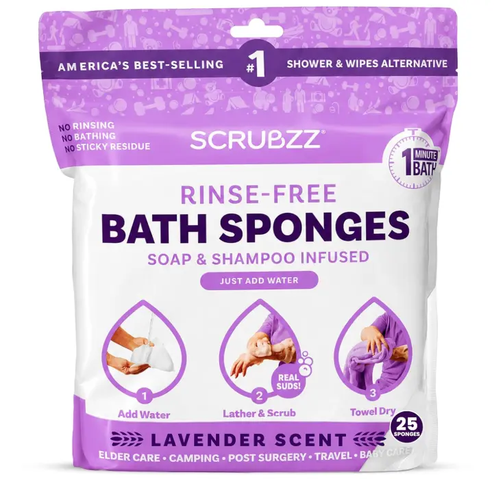 Scrubzz Disposable No Rinse Bathing Wipes - 25 Pack - All-in-1 Single Use Shower Wipes, Simply Dampen, Lather, and Dry Without Shampoo or Rinsing (Lavender, 1-Pack)