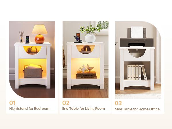 Bestier Nightstands Set of 2 with Charging Station, Modern LED End Table Bedside Table with Drawer for Bedroom, Living Room
