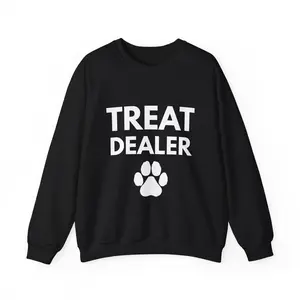 "Treat Dealer" Cotton Polyester Blend Crewneck Sweatshirt | Warm Durable Casual Wear for Pet and Dog Lover,Puppy Humor, Paw Prints, Gift for Doggie Owner, Family, Friends