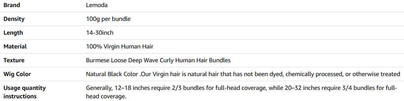 【NEW IN】Lemoda Burmese Loose Deep Wave Curly Virgin Human Hair Bundles Loose Deep Wave Curly 100% Unprocessed Raw Human Hair Extensions Top Qanlity Hair Weave 3 Bundles Full and Thick