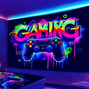 Tapestry Decor Game Controller Pattern Tapestry, UV Reactive Black Light Tapestry, Game Controller Neon Light Effect Wall Hanging, Bedroom Aesthetic Art Decoration Wall Tapestries