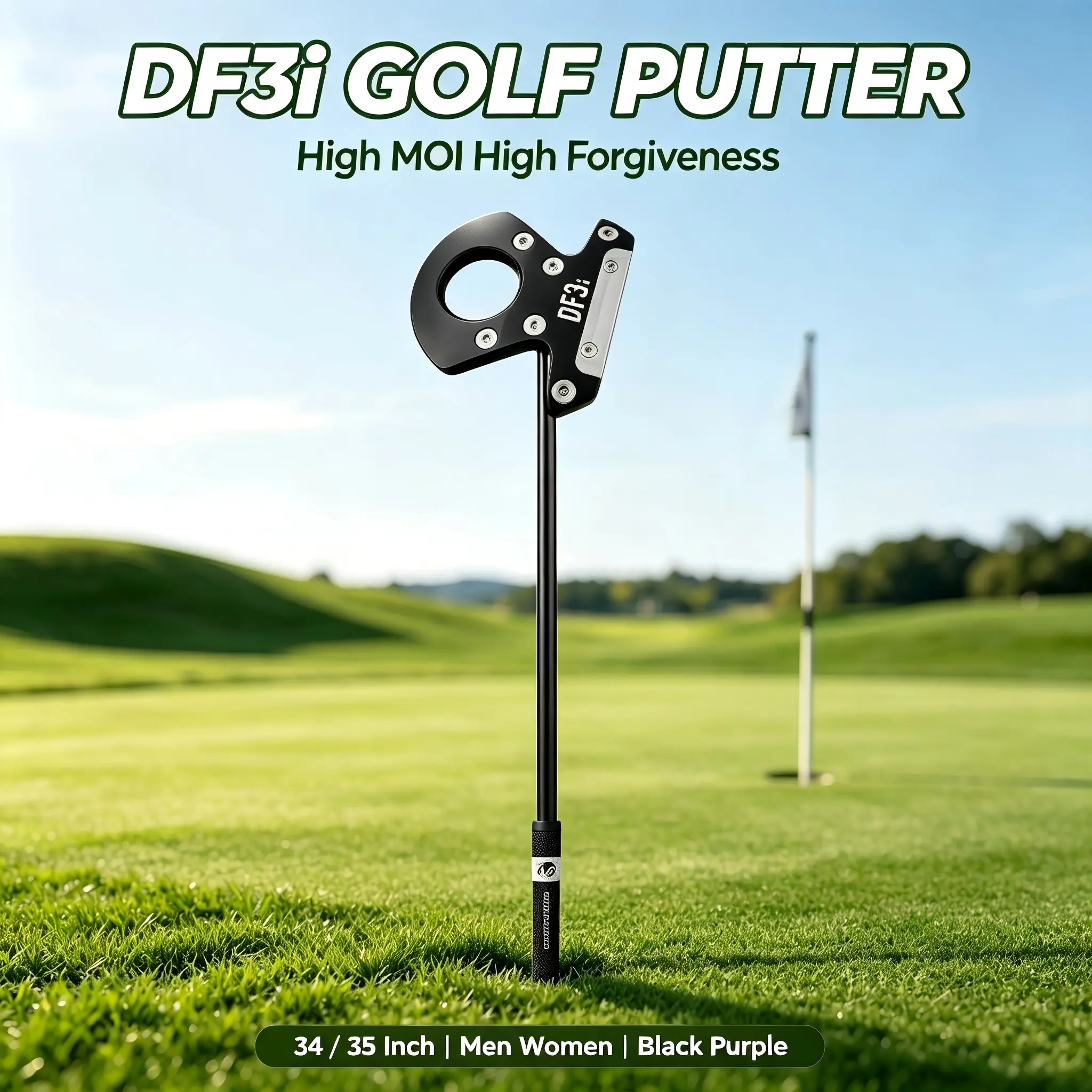 DF3i High MOI Forgiving Mallet Golf Putter - Aluminum Head, Alignment Guide, Low Gravity Stable Roll, Slip-Resistant Grip, 34-35 in, Black/Purple Golf Club for Men & Women High-Stability Performance Men's Big