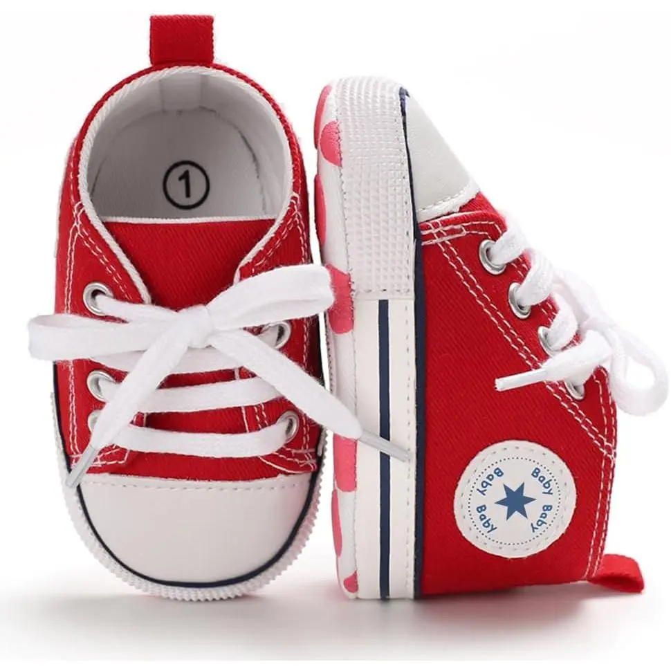 L-A12    Unisex Baby Boys Girls Shoes, Newborn Infant Non-Slip Canvas Denim High Top Sneakers, Toddler First Walkers Shoes
