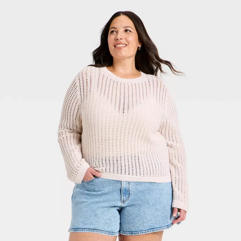 Women's Universal Thread Fitted Ribbed Crochet Openwork Crewneck Knitwear Garment - Cream, Stylish Women's Top, Style, Basic