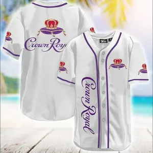 White Purple Crown Baseball Jersey, Luxury Royal Crown Logo Button-Up Shirt, Unisex Lightweight Summer Jersey for Men & Women, Casual Streetwear, Beach Party, Game Day, Gift for Him