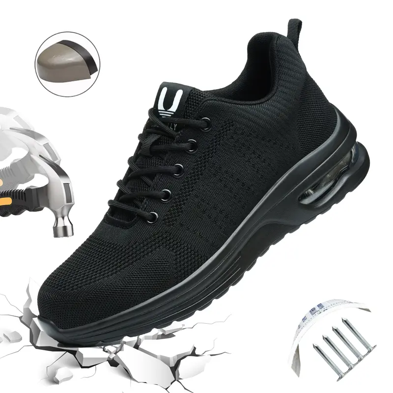 UMBURLLY Men’s Practical Steel & Composite Toe Work Boots - Lace-Top, Kevlar Defense, Puncture-Resistant, Anti-Smash, Lightweight, Breathable, Athletic, Basic, Round Toe, All-Season Outdoor Factory/Workshop Safety Footwear (Pure Black) Composite Toe Shoes