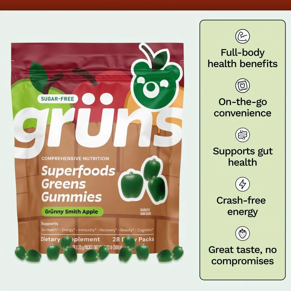 Grüns "Grünny Smith Apple" Flavor Supergreens Gummies: Comprehensive nutrition supplement with 60+ ingredients: Vitamins and Minerals, Prebiotics for Digestive Health, Adaptogens, Chlorophyll, Fruits and Vegetables, Gluten Free, Vegan, Third Party Tested