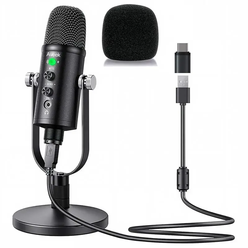 Aveek USB Condenser Microphone - Quick Mute, Plug & Play, Cardioid Pickup, Volume Control - Compatible with Phone, Android Phone, Tablet, Mac, Computer, PS4, PS5, USB Type-C via Adapter - for Podcast, Recording, YouTube Video