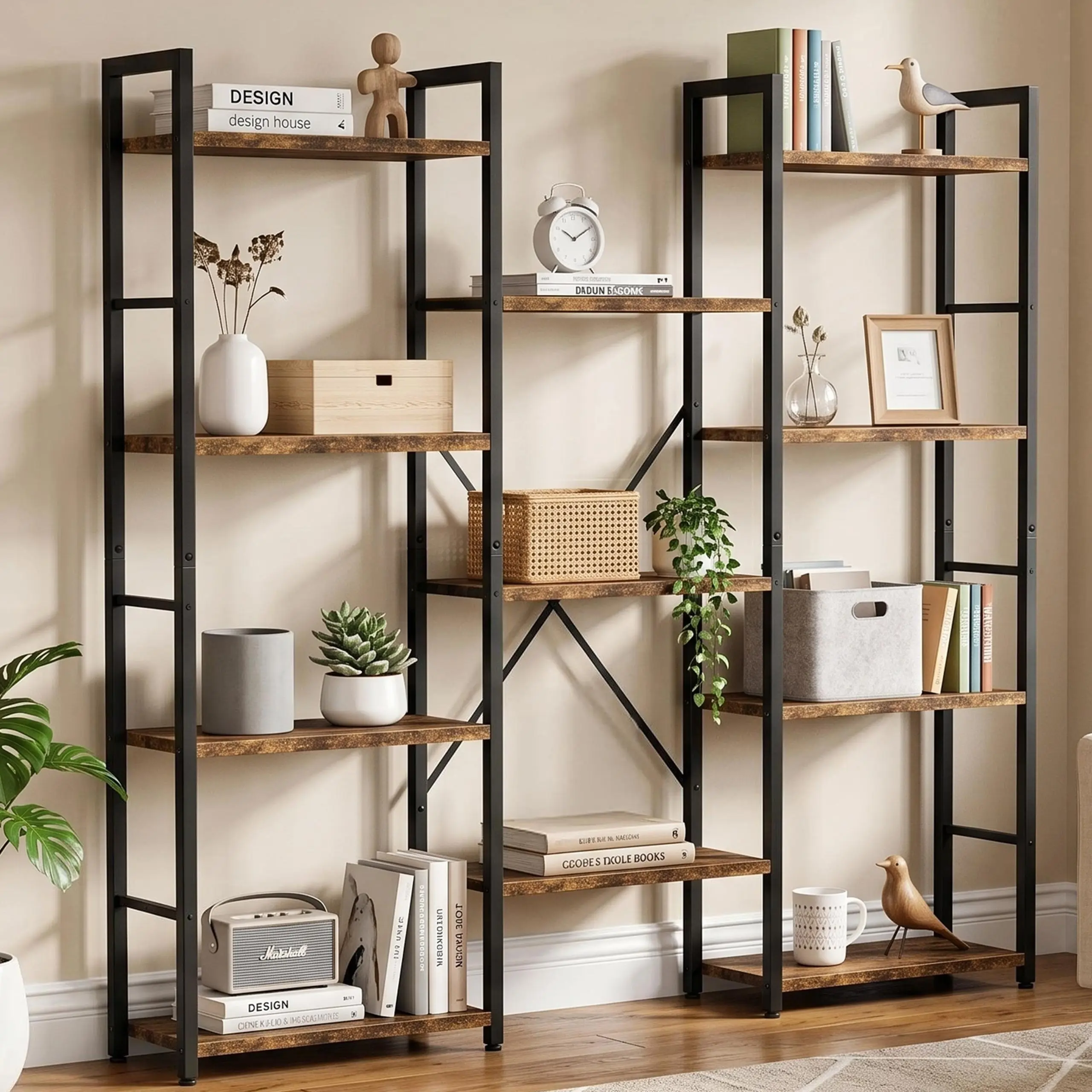 Walsunny 4-Tier Bookcase with 11 Shelves, Open Display Book Shelf with Metal Frame, CD & DVD Racks Book Shelf for Home Office, Rustic,Freestanding Industrial Ladder