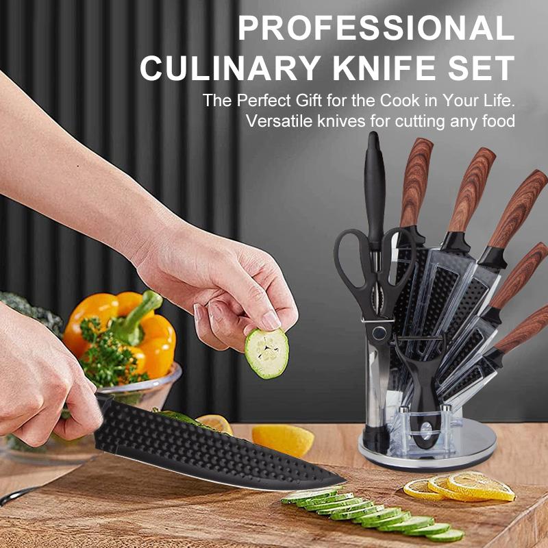 9-Piece Kitchen Knife Set - Black Chef Knife Set with Sharp Blades, Non-Stick Stainless Steel Cooking Knives Set, Ergonomic Wood Grain Handle, Aesthetic Kitchen Knives,Meat Knife Block