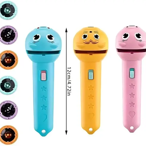 Cute Kids Pocket Projector Toy - Interactive Learning Flashlight, 48 Cartoon Images, 6 Projection Discs