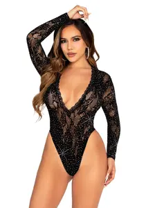VIP Status Long Sleeve Deep V Lace Bodysuit with Rhinestones - Sexy and Stretchy Seamless Bodysuit with Lace Trim