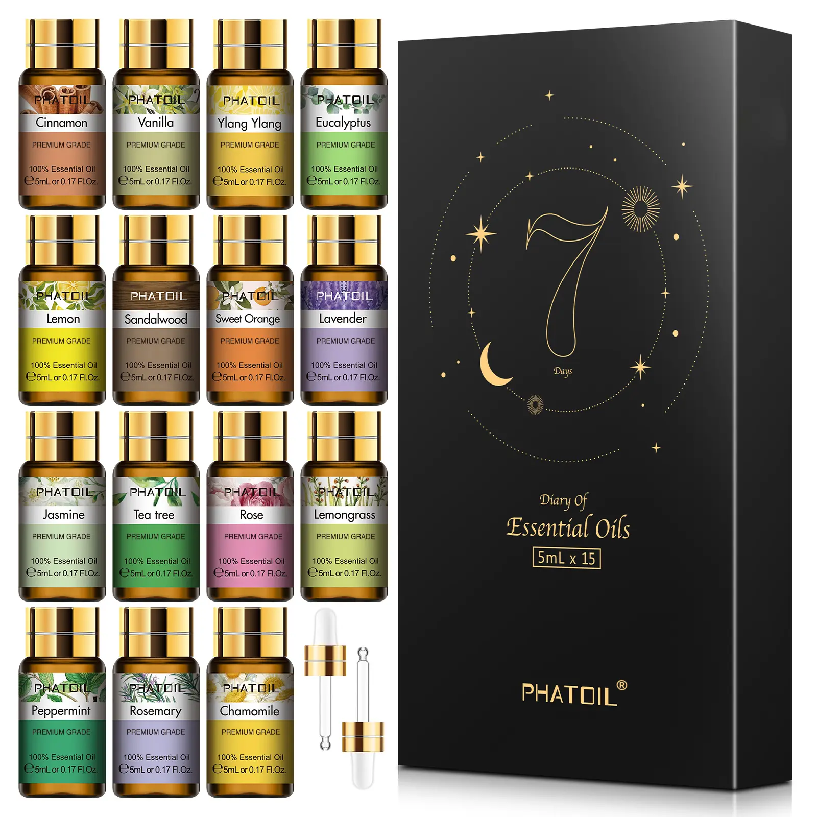 PHATOIL 15pcs Pure Natural Aromatherapy Essential Oil Set - Homemade Calming Aroma with Floral Lavender, Lemon, Eucalyptus, Vanilla Scents for Home Fragrance Diffuser, Work Use, Birthday Gifts