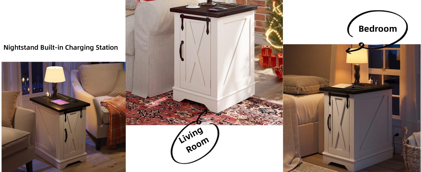 Nightstand with Charging Station,Farmhouse 25" End Tables with Barn Door Large Wood Sofa Side Table with Adjustable Storage Shelf for Bedroom,Drawing Room,Hallway,Antique White