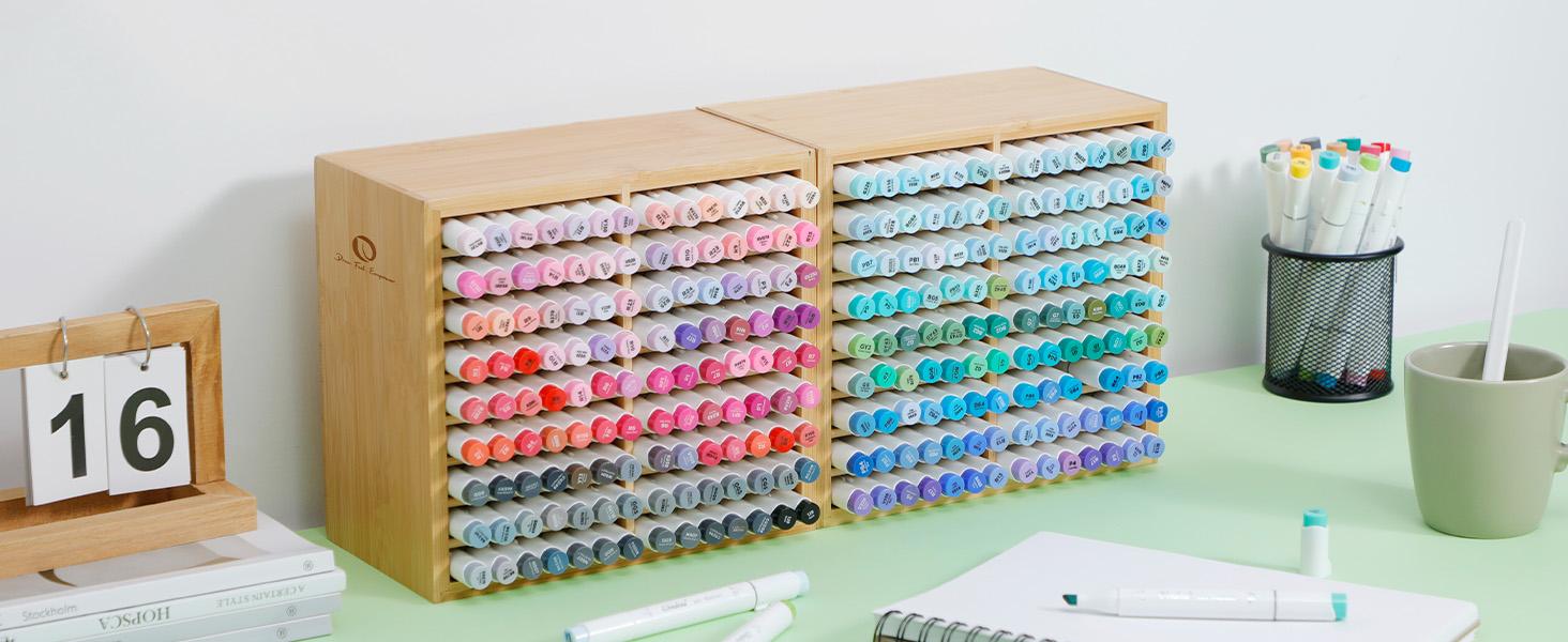 Ohuhu Bamboo Marker Organizer: Holds up to 126 Markers - with 18 Compartments - Right Angle Side - Wooden - Art Brushes Stationary Organizer Pencil Holder  for Home, Classroom, Office Decor - Marker Organizer Series of Ohuhuart