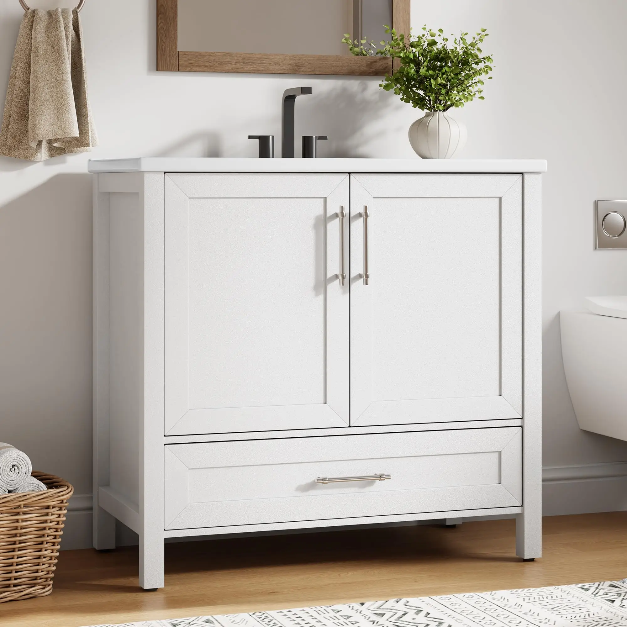 Single Sink Bathroom Vanity (24/30/36 in) with Integral Ceramic Basin, Storage Cabinet with Drawers and 2 Soft-Closing Doors