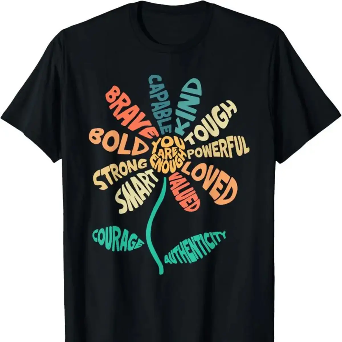 Women's Vintage Boxy Shortsleeve Cotton T-Shirt - Minimalist Oversized Fit, Embroidered "You Are Enough Be Kind Groovy Flower" Graphic, Mental Health Awareness, Casual Summer Wear, Soft Fabric, Tshirt, Ribbed, Streetwear, Piece, Style, Breathable, Everyda