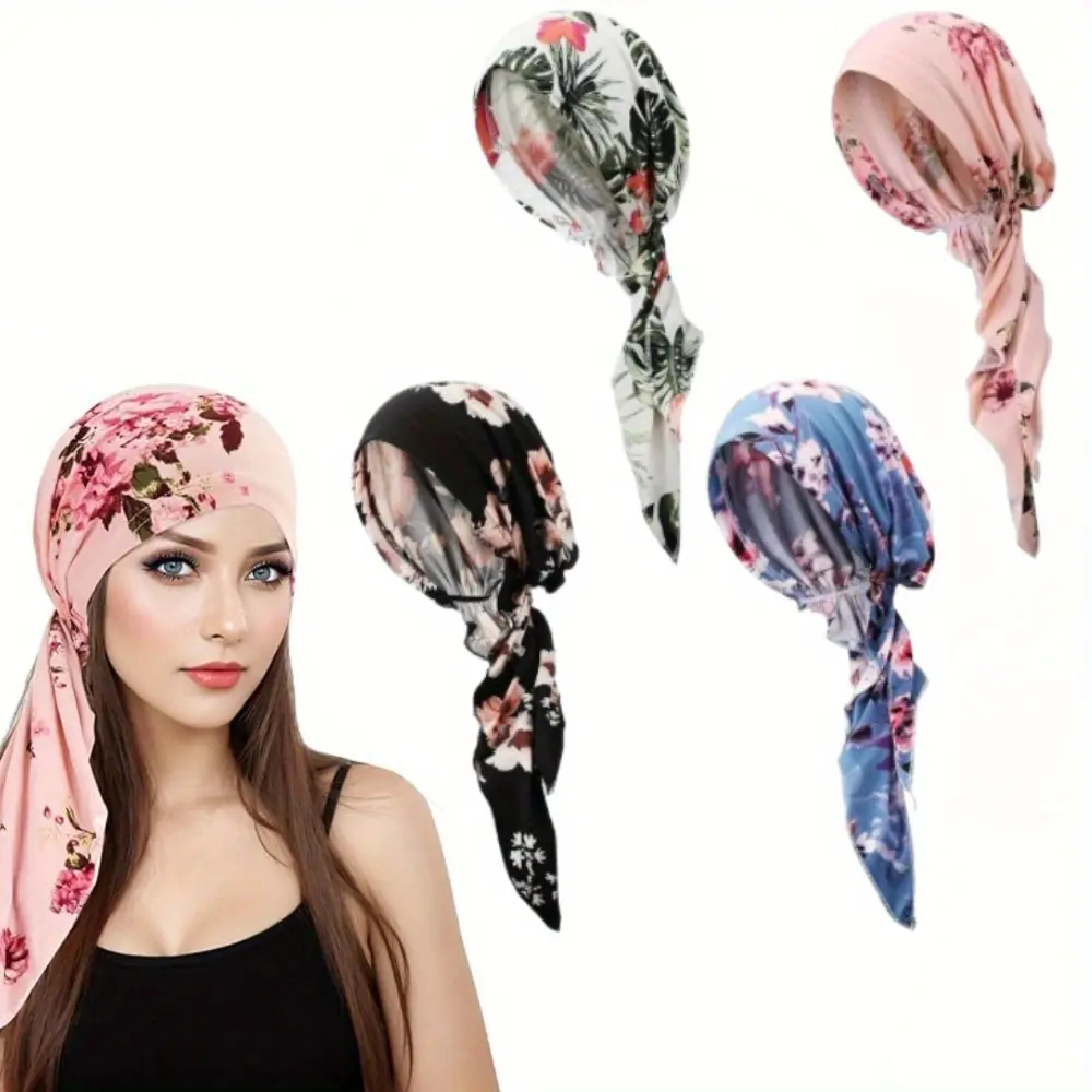 Women's 4-Pack Pre-Tied Floral Polyester Turbans - Female Clothes Accessory Headscarf with Elastic Strap, Lightweight Daily Chemo Hair Loss Aid, Casual Fashion Piece