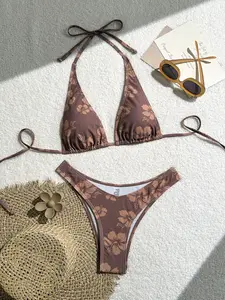 Chocolate Brown Hibiscus Floral Triangle Bikini Set - Halter Tie Top & Cheeky High Cut Bottoms, Stretchy Hawaiian Print Two-Piece Swimsuit, Perfect for Tropical Vacations & Beach Days