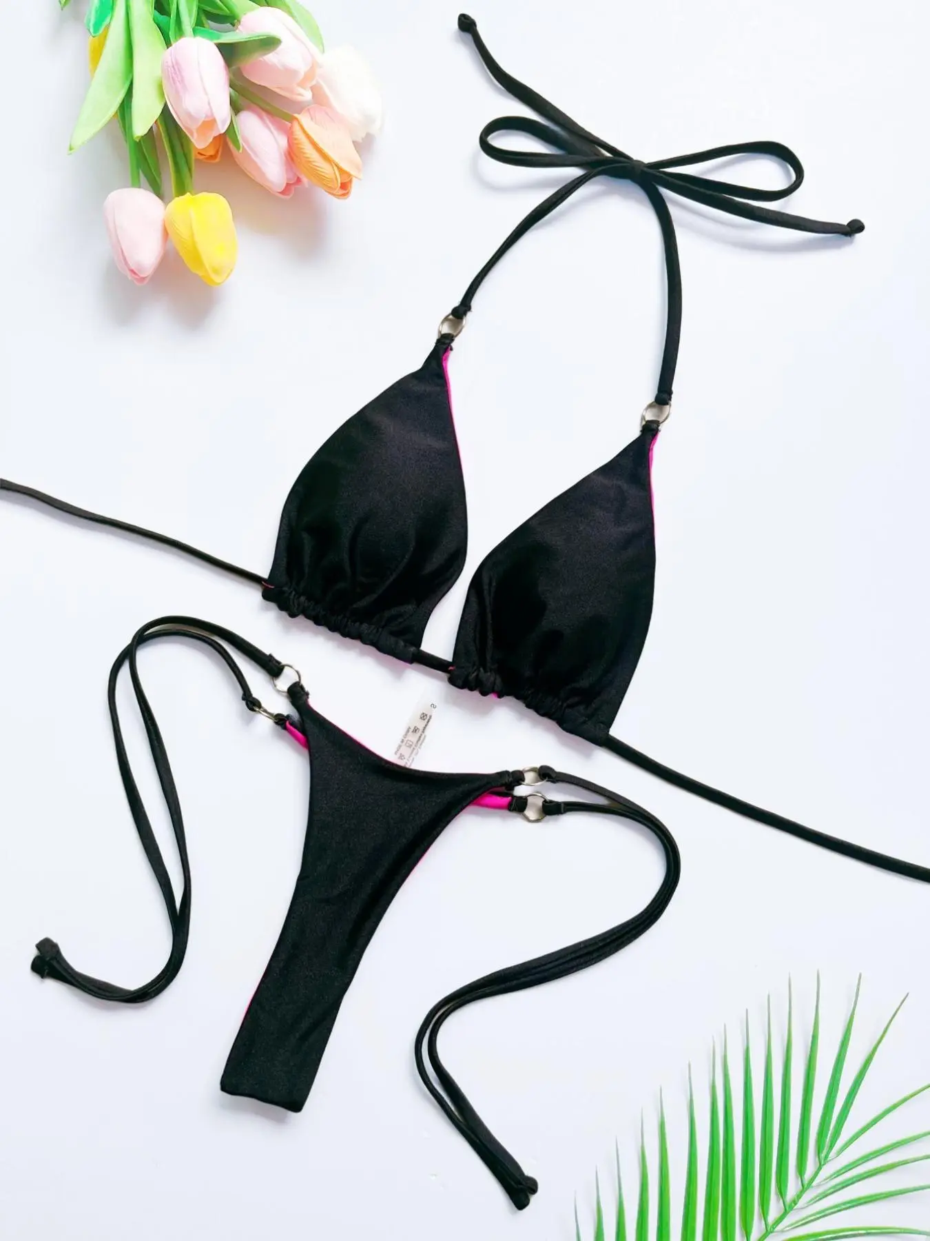 Two-Piece Set Women's Solid Color Ring Linked Halter Triangle Bikini Set, Fitted Triangle Swimwear, Bikini Swimsuit, Swimsuit Beachwear, Medium Stretch Tie Back Backless Swim Top & Tie Side Swim Bottom for Beach Holiday Vacation