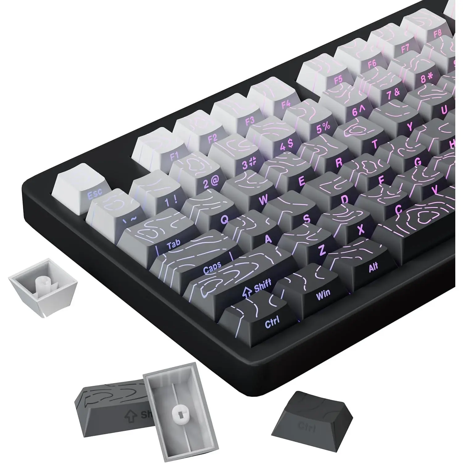 Shine Through PBT Keycaps - Black Double Shot Side Printed Backlit Keycaps Set 133  60% 65% 75%  Cherry Profile,Gradient Topographic Custom Key Caps for MX  Gaming Keyboards