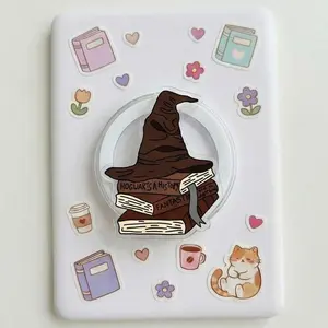 Magic Wizard Hat & Books Kindleholder – Old Leather Talking Hat Art, Fantasy School Library Magneticphonegrips, Cozy Reader Autumn Gift