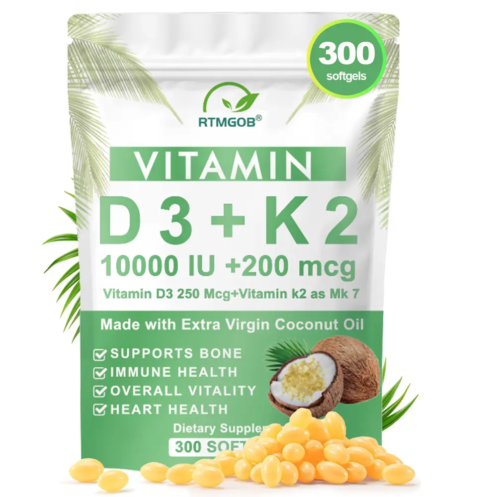 [NEW] RTMGOB Vitamin D3 + K2 Softgels, 10000 IU Vitamin D3 & 200 mcg Vitamin K2 MK-7, Made with Extra Virgin Coconut Oil, Bone & Immune Support, 300 Softgels