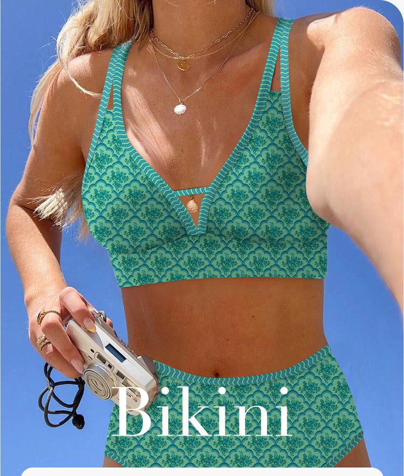 Aleumdr Metal-Ring Cut-Out Full Coverage High Waist Bikini Set – Adjustable Straps, Elastic Band & Openwork Design, Plus Size Swimwear for Women Beach Swimming Sport