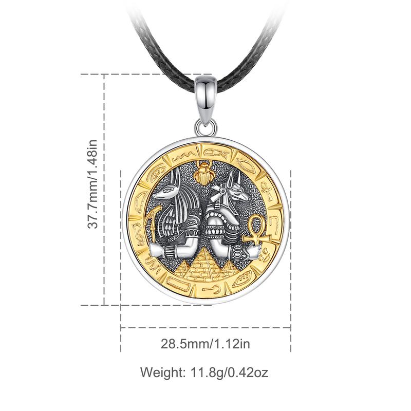 Eudora S925 Sliver Egyptian Necklace, Anubis & Horus God Pendants, Two-Tone Gold Eye of Horus Ankh Amulet,  Mythology Jewelry, Guardian  Hieroglyphics   Gift