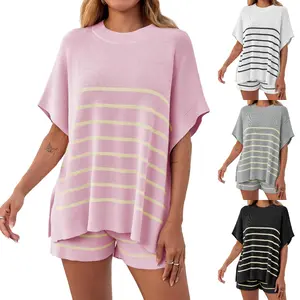 LAICIGO Women's Summer Cozy Casual Striped 2 Piece Outfits Oversized Batwing Short Sleeve Tops High Waisted Shorts Knit Lounge Set