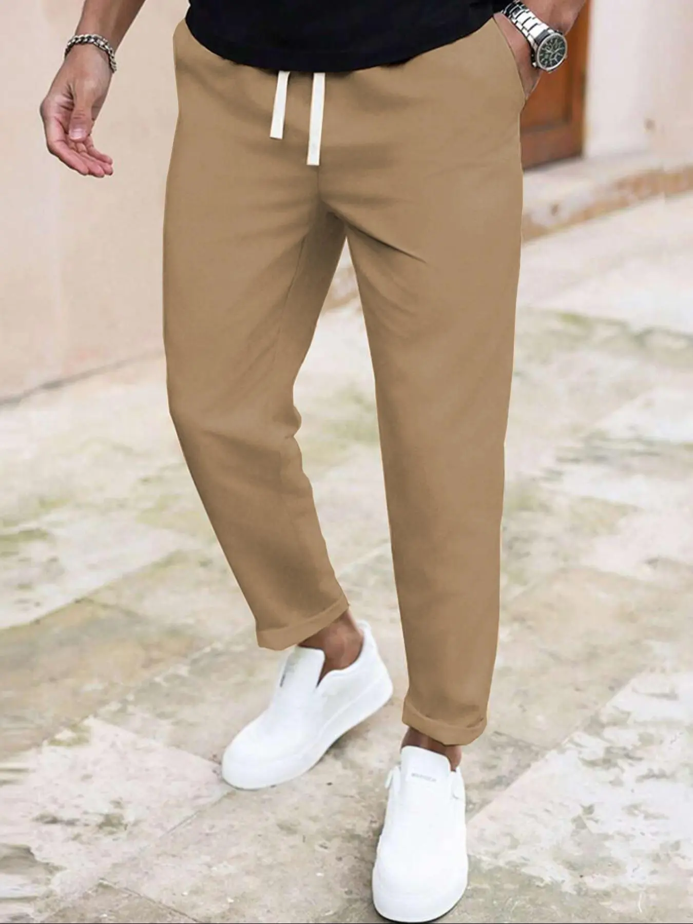 Manfinity Basics Menswear Men Fitted Solid Casual Slant Pocket Drawstring Waist Pants Plain Trouser