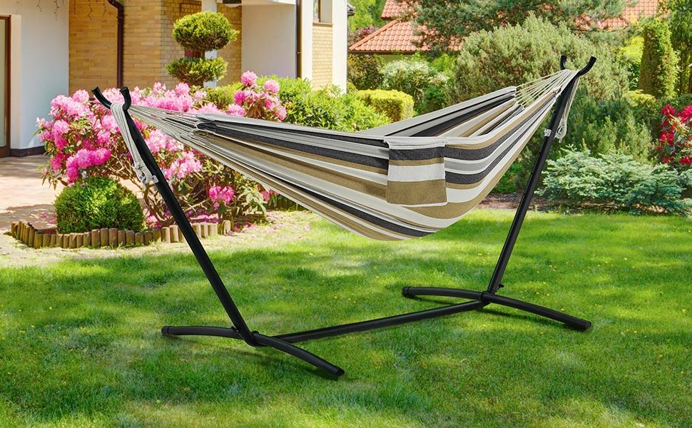 【On Sale】 Yaheetech Double Hammock w/Stand, 2-People Hammock & Stand Set w/Storage Bag & Carrying Bag, Outdoor/Indoor Heavy-Duty Portable Hammock, 450LB Capacity