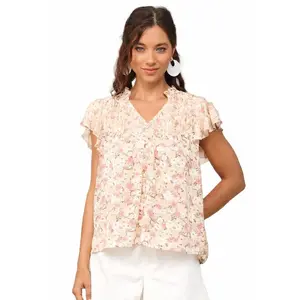 Gigio Chiffon Print Flare Sleeve Blouse - Blush Mauve