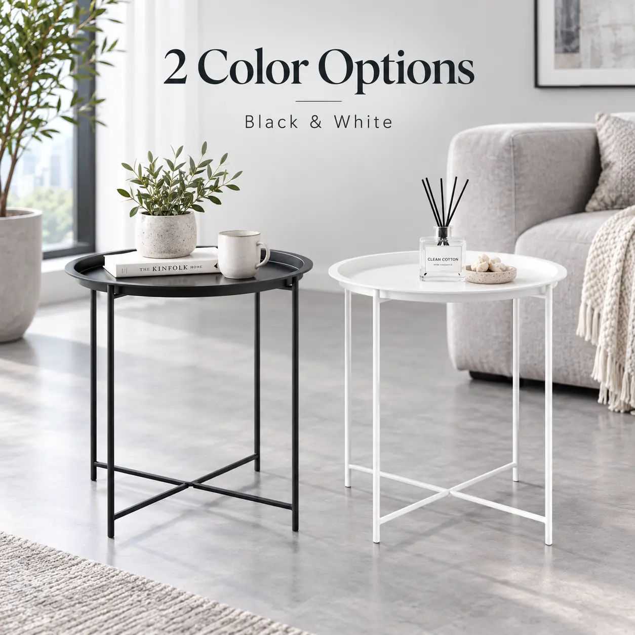 47x47x50cm ABS Plastic Round Side Table - Modern Minimalist Accent Piece with Raised Edge Top, Stable Cross Base, Bedside Table for Living Room, Bedroom