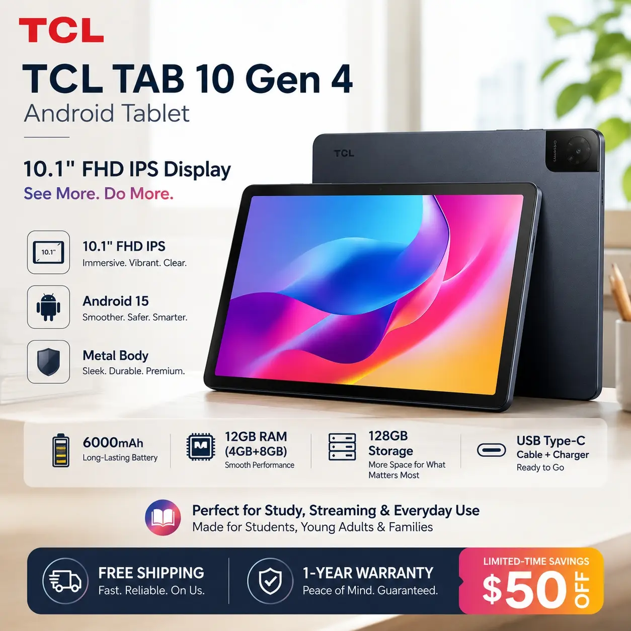 TCL TAB 10 Gen 4 Android Tablet, 10.1” FHD IPS Display, Octa-Core CPU, 12GB RAM (4GB+8GB), 128GB Storage, 6000mAh Battery, Android 15, Wi-Fi, Metal Body, Tablet for Students, Young Adults & Families tiktokshopbacktoschool