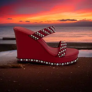 The Markey - Red Leather Wedge Heels with Crystals